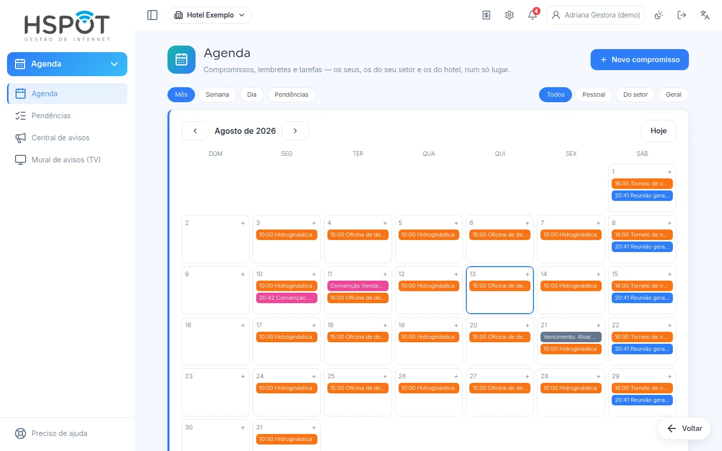 Calendário da agenda da equipe com compromissos e eventos do hotel