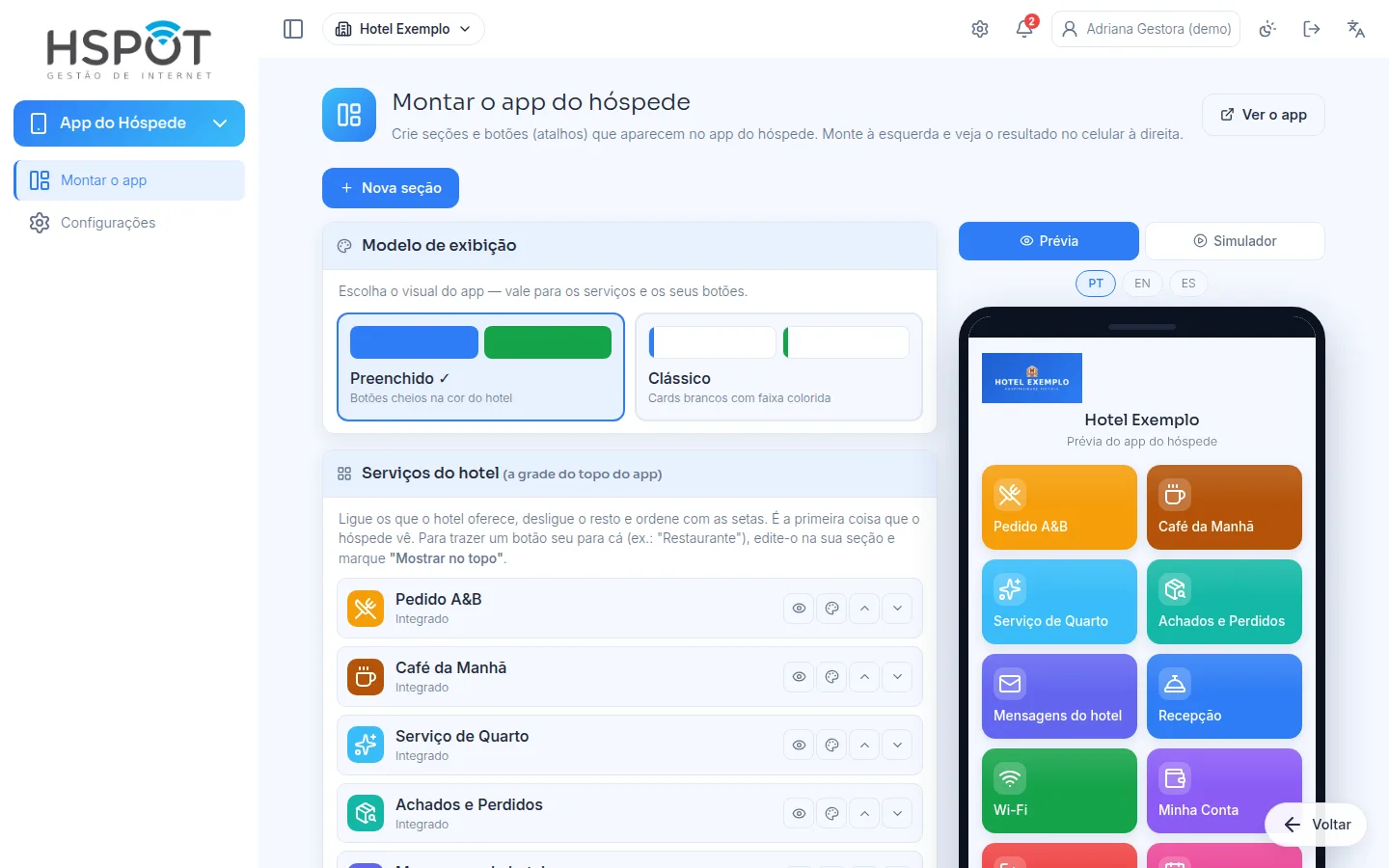 Construtor do App do Hóspede no painel, com prévia ao vivo num celular