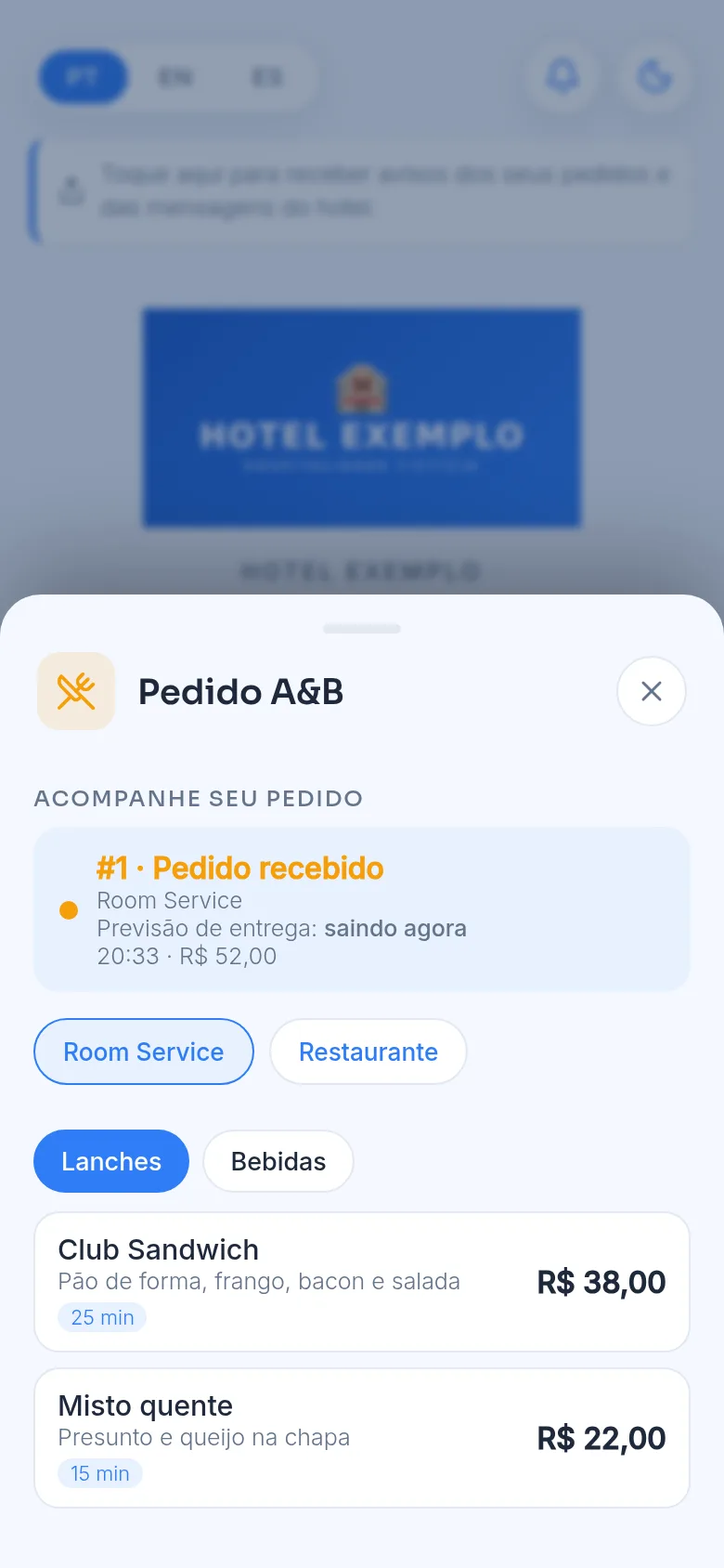Pedido de room service pelo App do Hóspede
