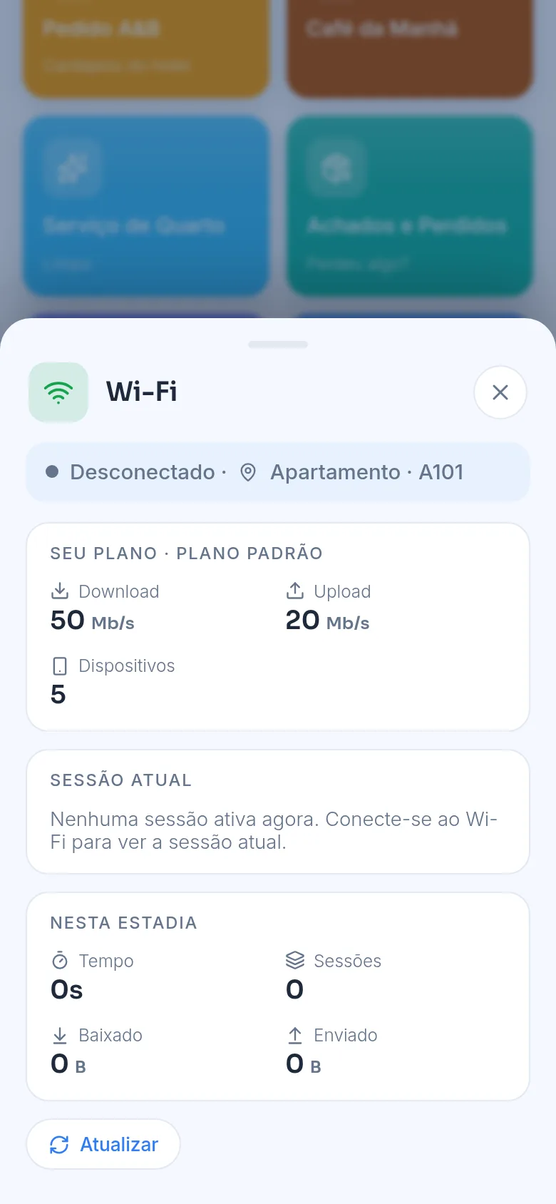Card de Wi-Fi do App do Hóspede com plano e consumo