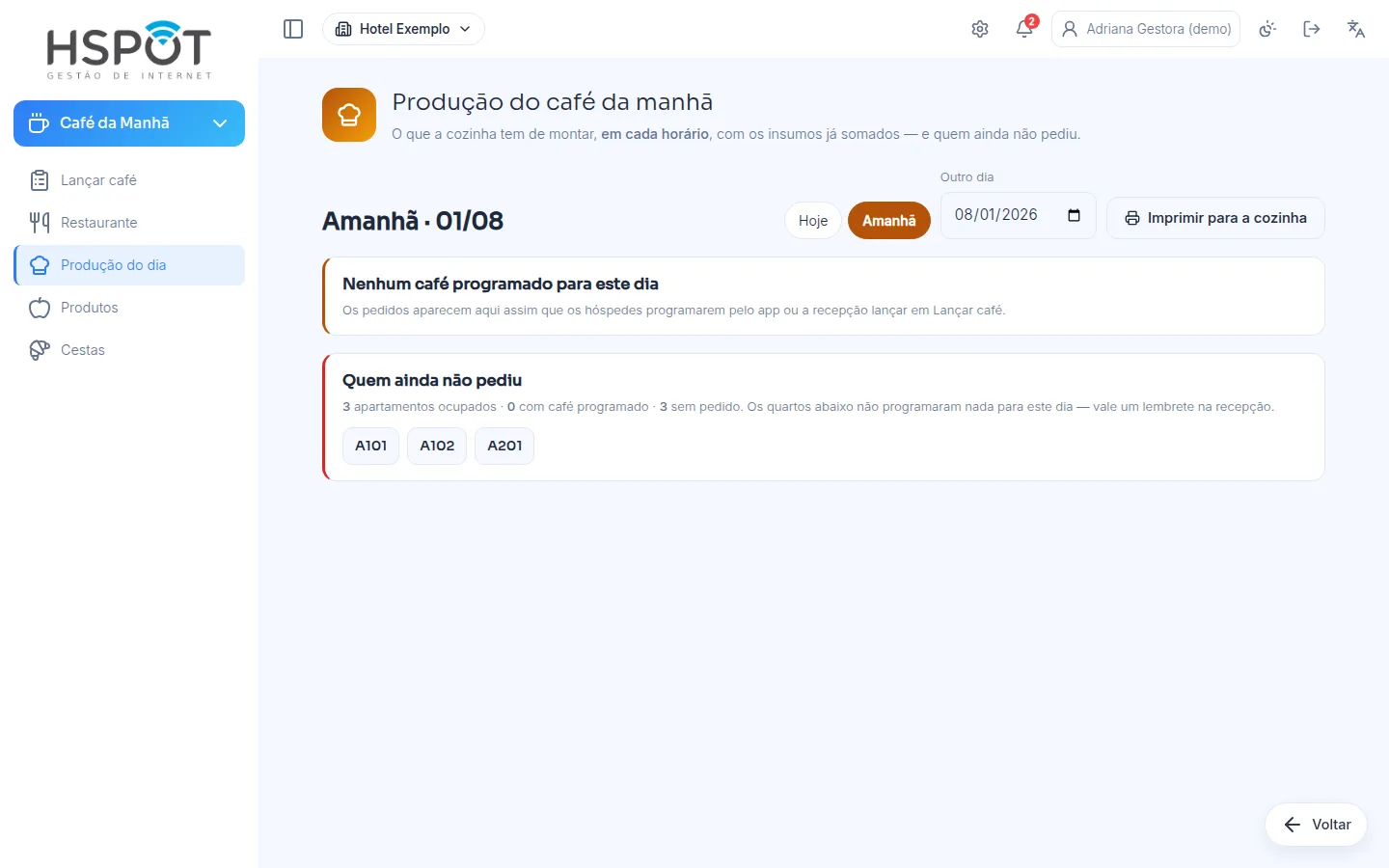 Produção do dia do café da manhã com insumos consolidados para compras