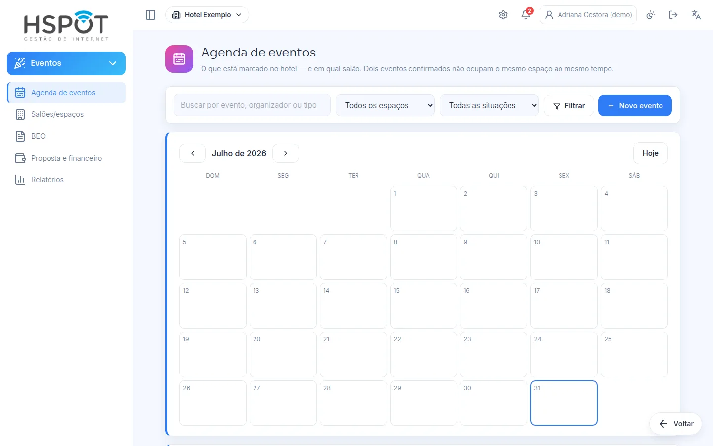 Agenda de eventos e salões do hotel