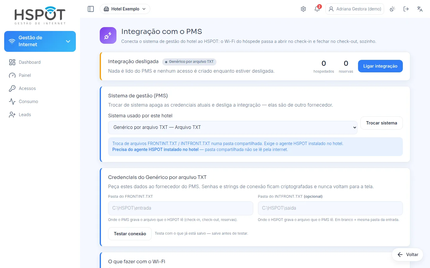 Tela de integração com o PMS mostrando as últimas leituras