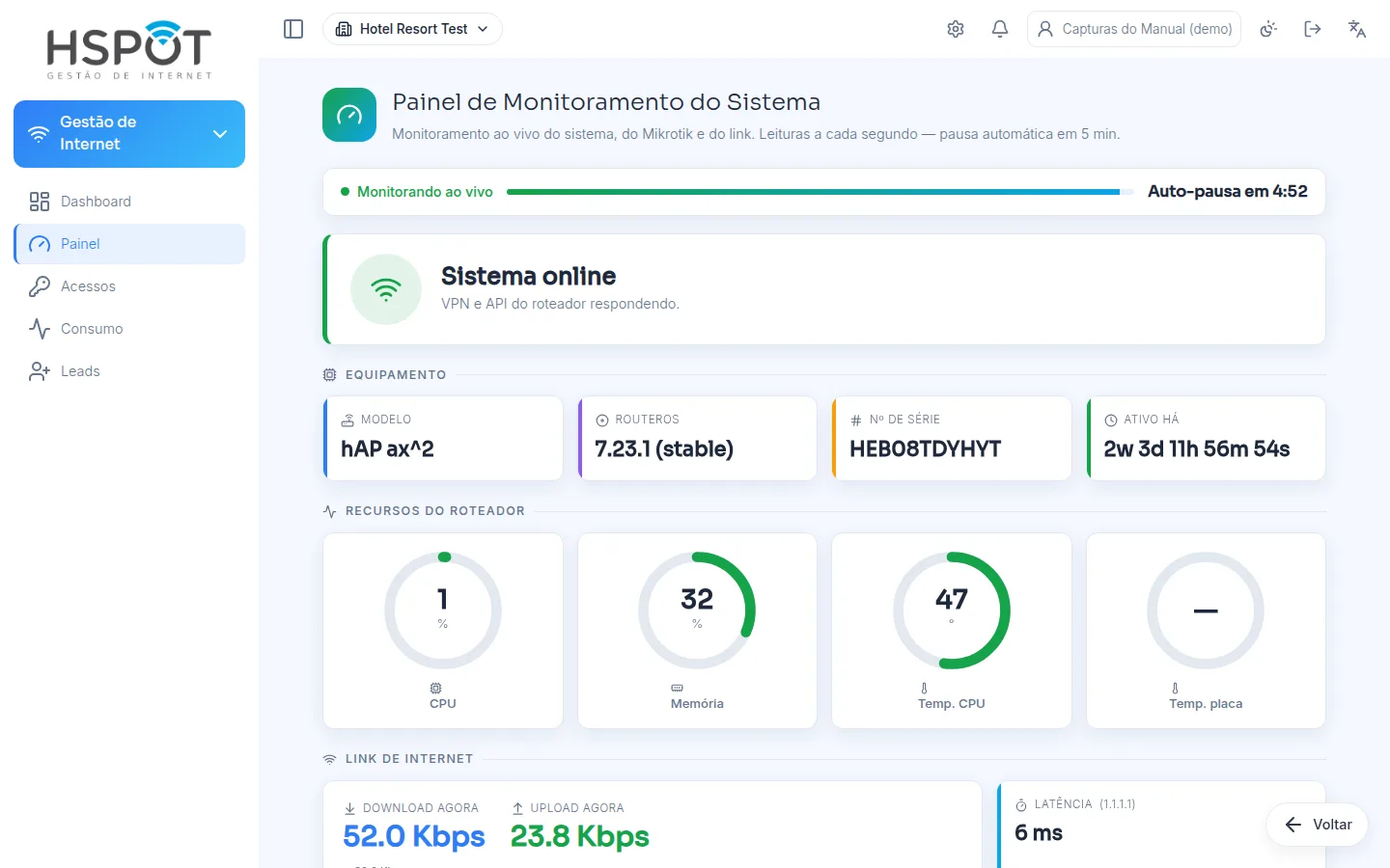 Painel de saúde do link de internet do hotel, com velocidade e latência ao vivo