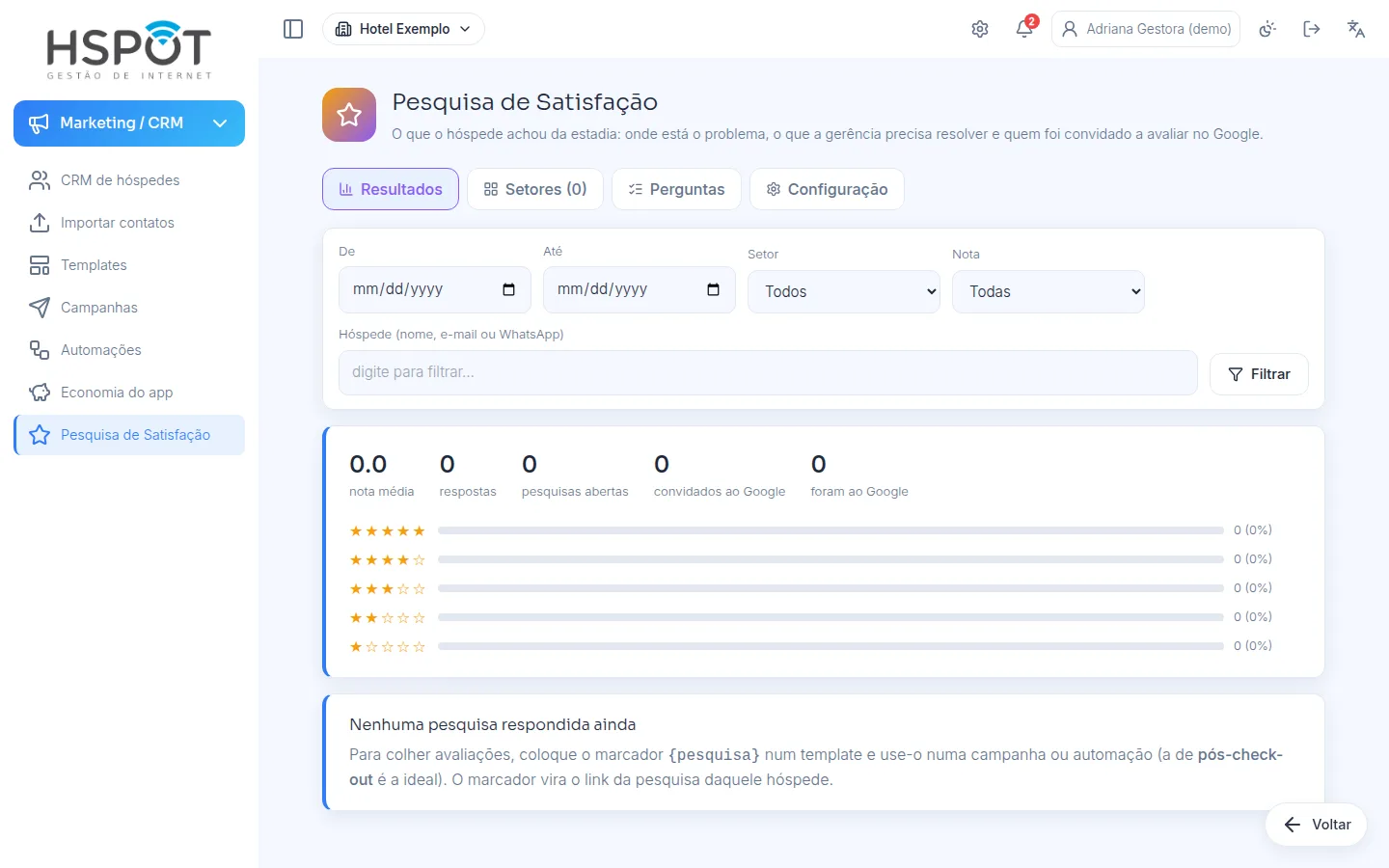 Resultados da pesquisa de satisfação com médias por setor