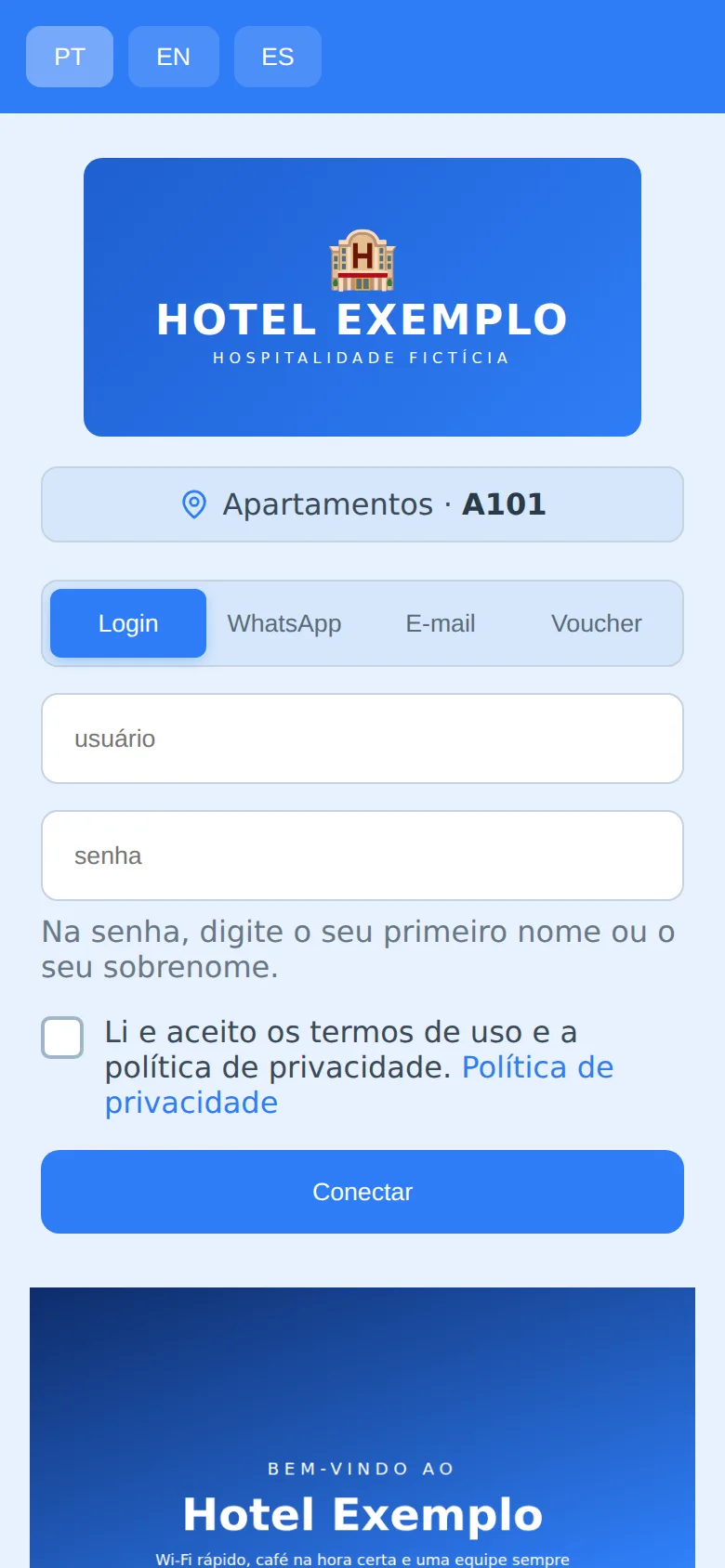 Portal Wi-Fi personalizado do hotel, tela de autenticação do hóspede