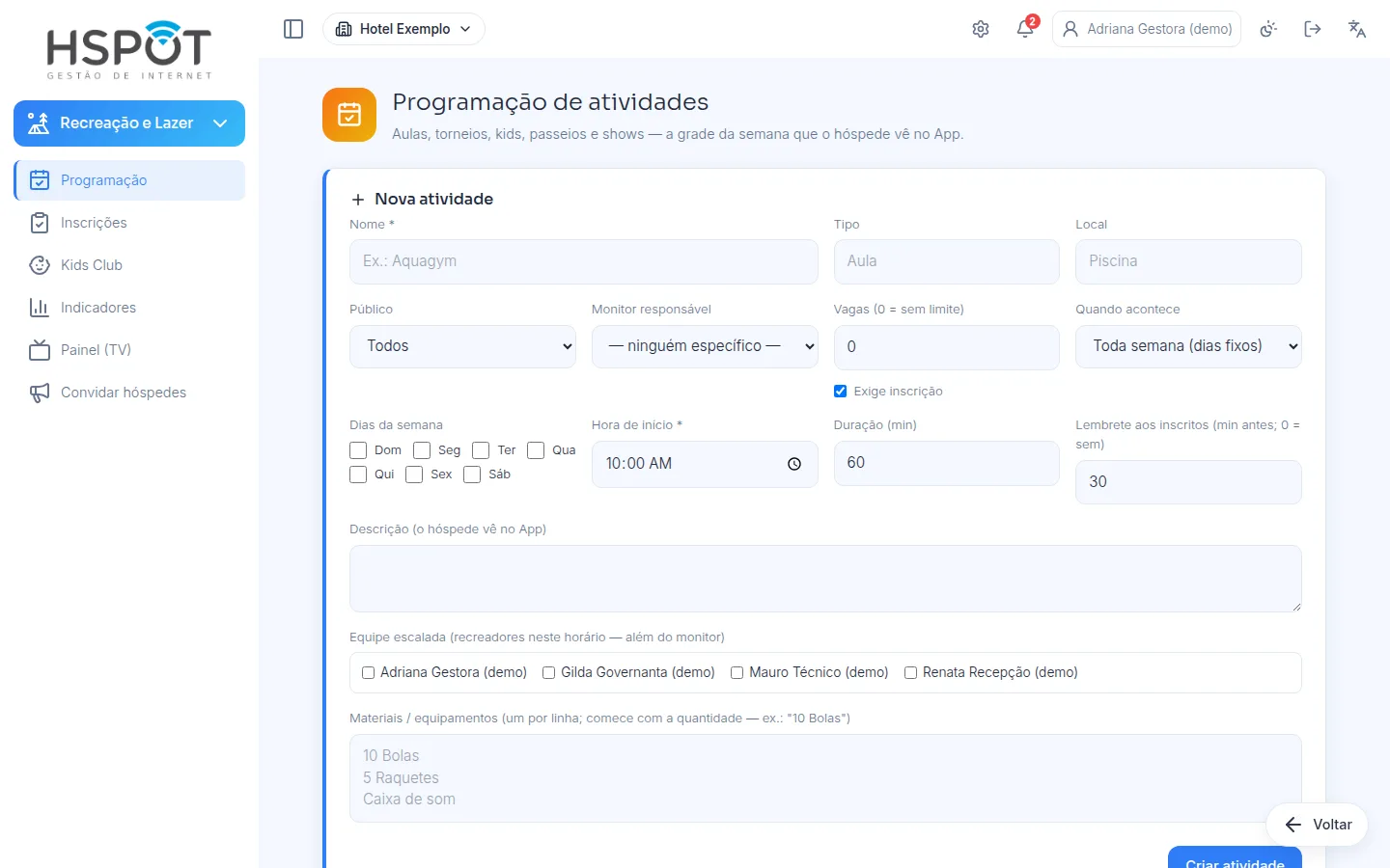 Programação semanal da recreação com inscrições e vagas por atividade