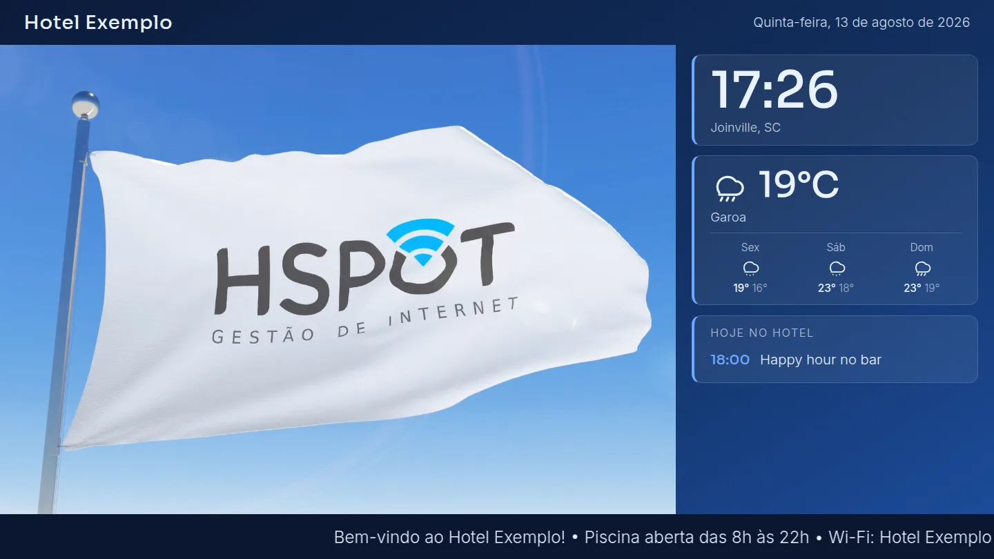 TV do hotel com o Digital Signage: mídia, relógio, previsão do tempo e eventos do dia